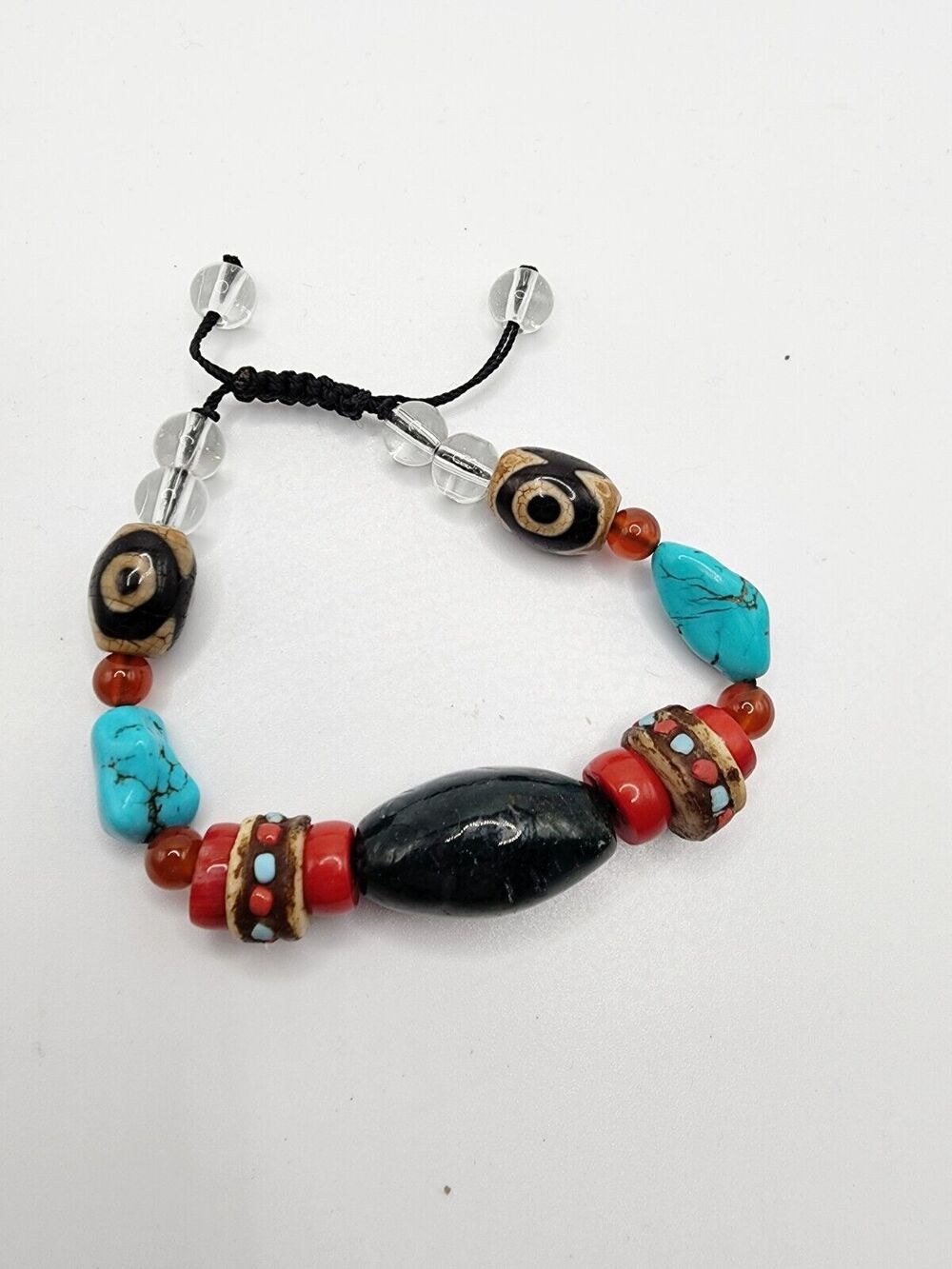 Tibetan Bodhi Dzi Bead Coral Turquoise Crystal Agate Inlaid Yak Bone Bracelet